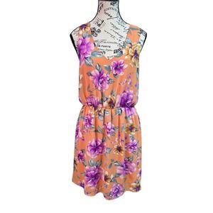 French Grey Floral V-Neck Blouson Dress Size L - Boho Summer Garden Party - USA
